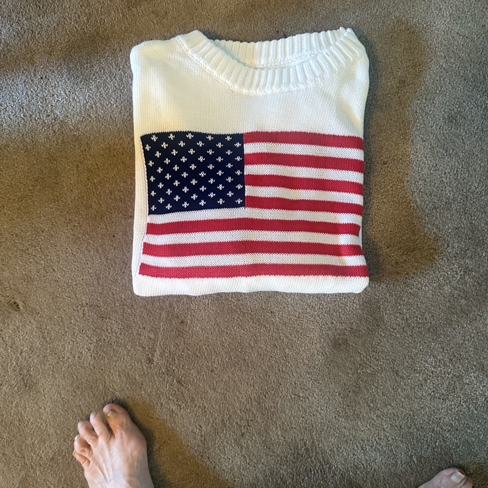 Women's White Crewneck Sweater with American Flag Knit